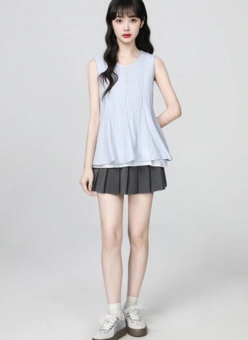 Blue Layered Sleeveless Loose Summer Top