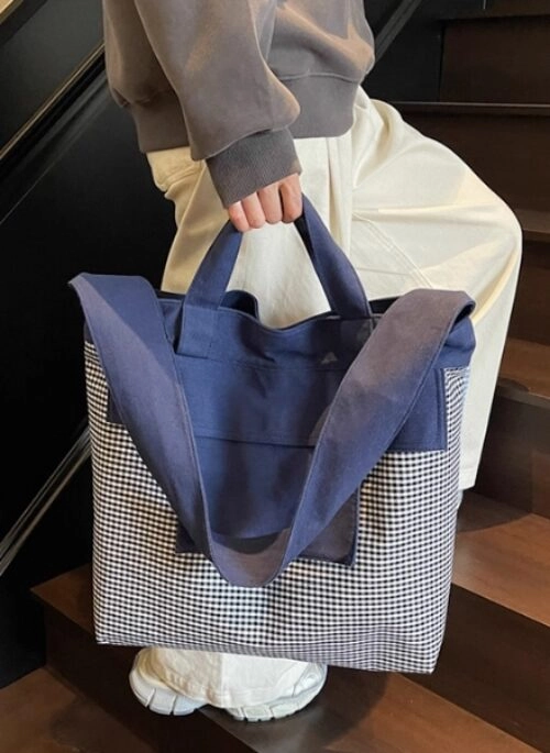 Blue Plaid Large Tote Bag | Lisa - BlackPink