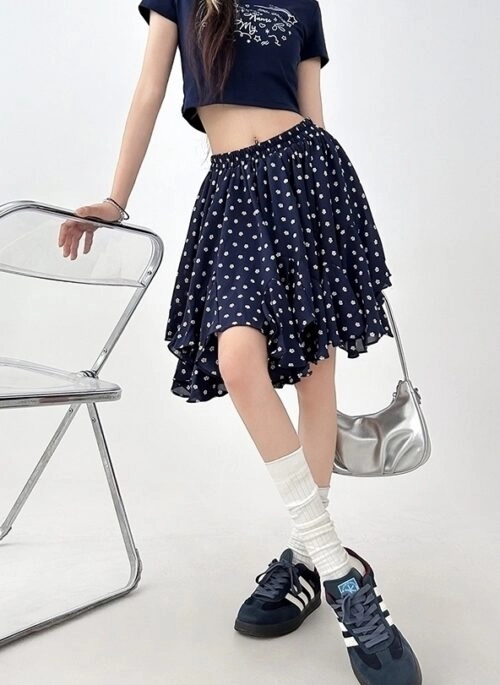 Blue Polka Dot Chiffon Pleated Skirt