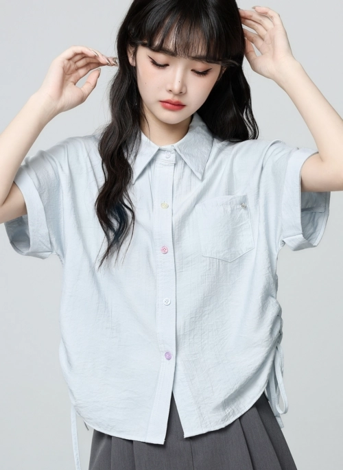 Blue Polo Collar Short Sleeve Ruched Shirt
