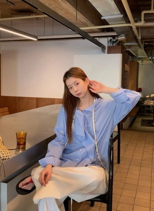 Blue Striped French Style Loose Fit Sun Shirt