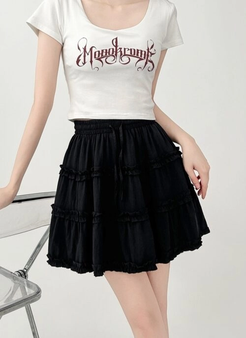 Blue Sweet Ruffled Drawstring High Waist A Line Skirt