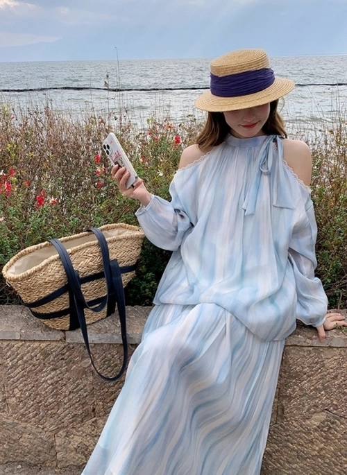 Blue Tie Dye Off Shoulder Top Skirt Set