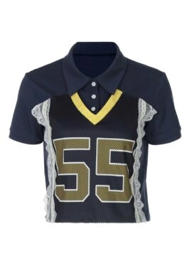 Blue Varsity Lace Patchwork T-Shirt | Jennie – BlackPink