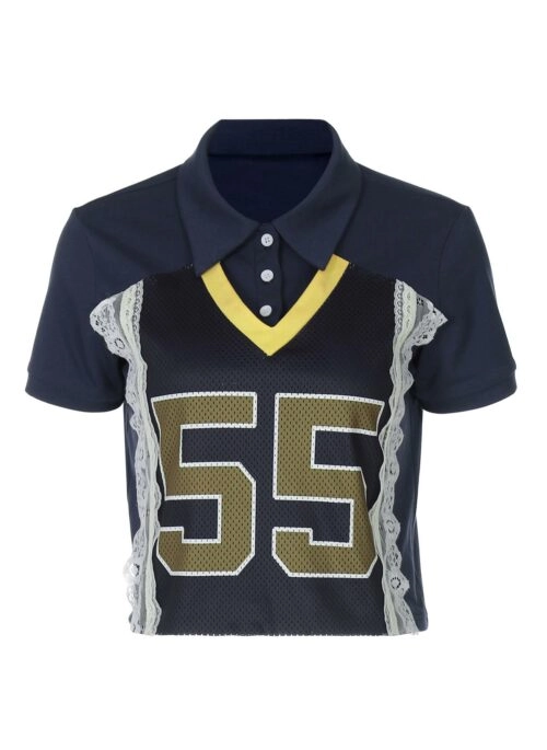 Blue Varsity Lace Patchwork T-Shirt | Jennie – BlackPink