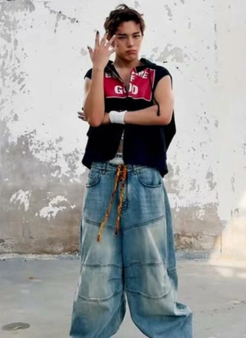 Blue Washed Denim Panelled Jeans | Minhyuk - MONSTA X
