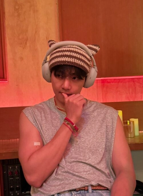 Pink And Brown Stripes Crochet Cat Ears Hat | Taehyung - BTS