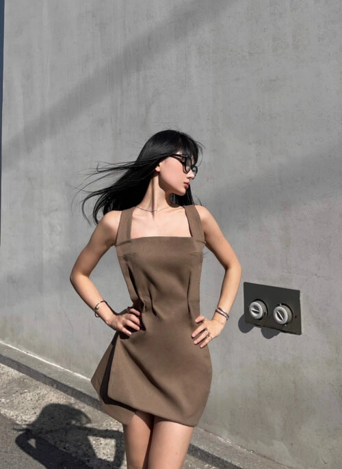 Brown Structured Square Neck Mini Dress | Somi