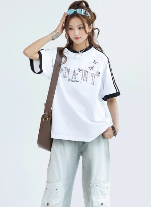 Butterfly Print Quick Dry Striped Sleeve T Shirt