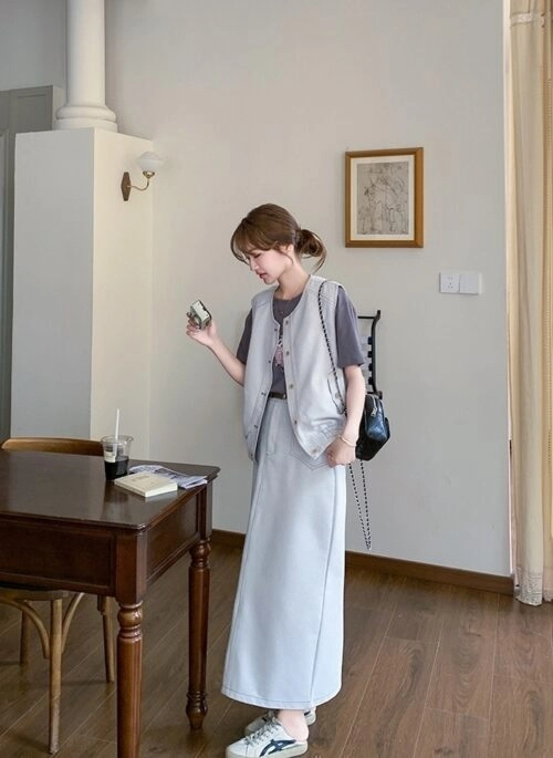 Casual Denim Vest T Shirt Skirt Set