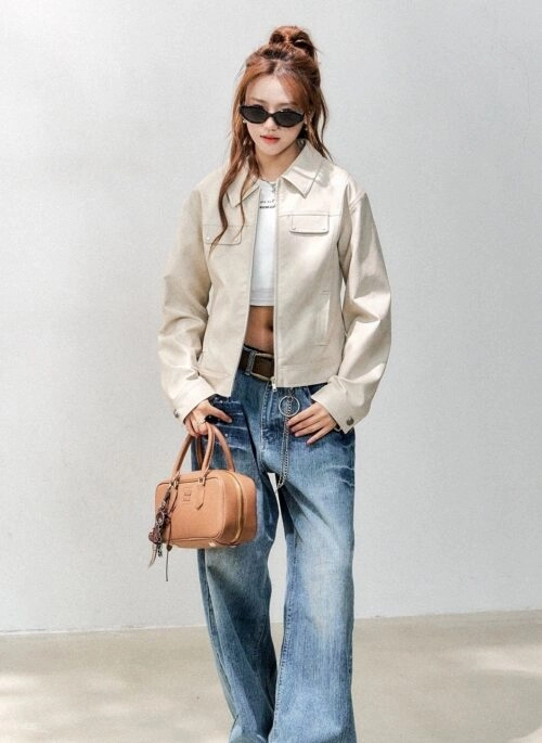 Classic Cropped Pu Leather Biker Jacket