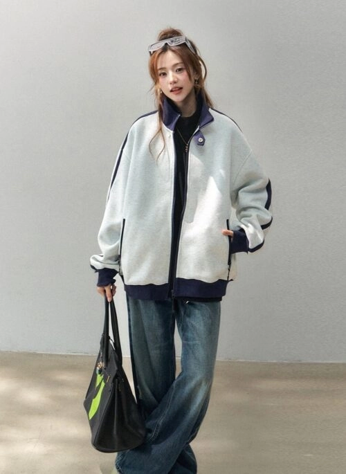 Colorblock Stand Collar Streetwear Sweatshirt Jacket