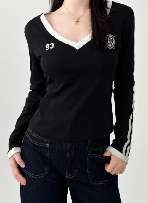 Colorblock V Neck Slim Fit Vintage Long Sleeve Top