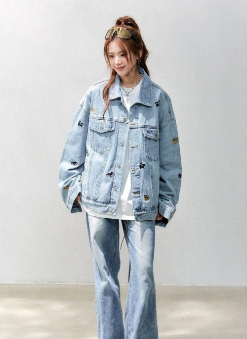 Cute Cat Dog Embroidered Denim Jacket