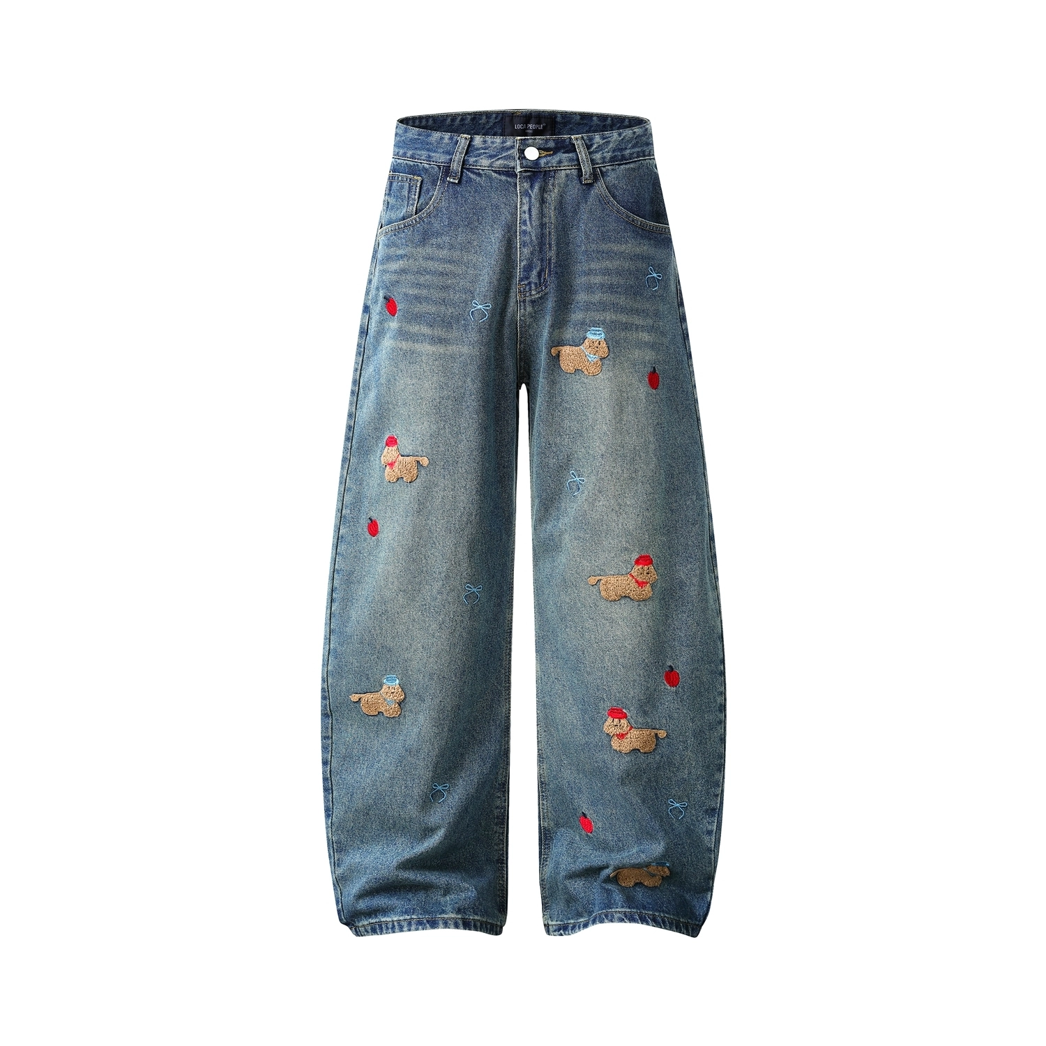 Cute Dog Patch High Waist Vintage Washed Wide Leg Jeans Fashion