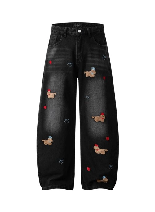 Cute Dog Patch High Waist Vintage Washed Wide Leg Jeans