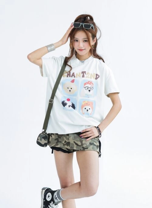 Cute Puppy Print Ice Silk Short Sleeve Tee