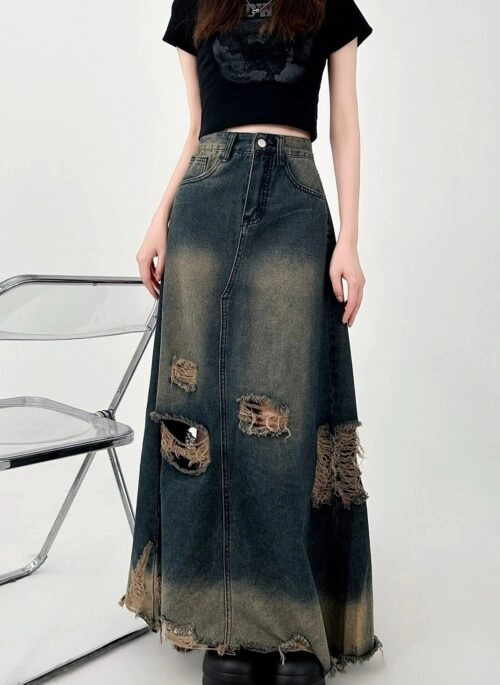 Denim A Line Midi Skirt With Distressed Details