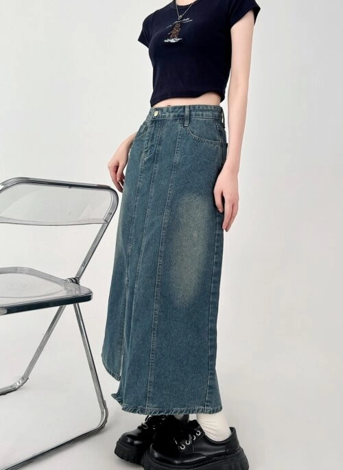 Denim High Waist A Line Midi Skirt Vintage Style