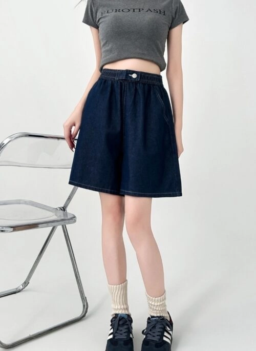 Denim Wide Leg Loose Fit Elastic Waist Shorts