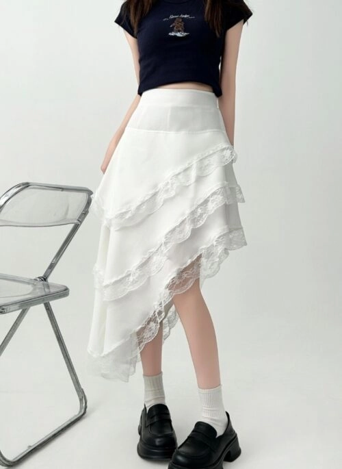 Elegant Black Lace Ruffle Midi Skirt
