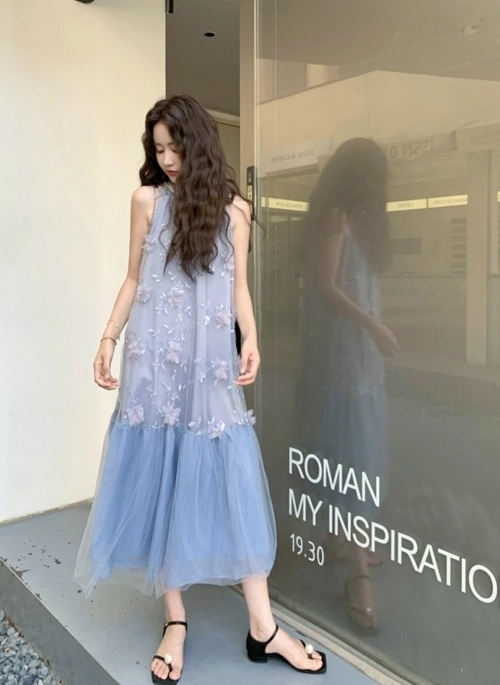 Elegant Blue D Floral Off Shoulder Mesh Dress