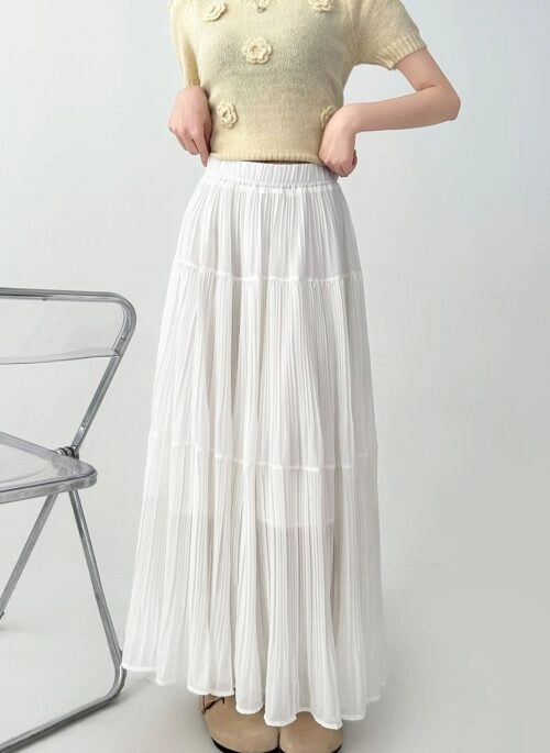 Elegant High Waist Flowy White Midi Skirt