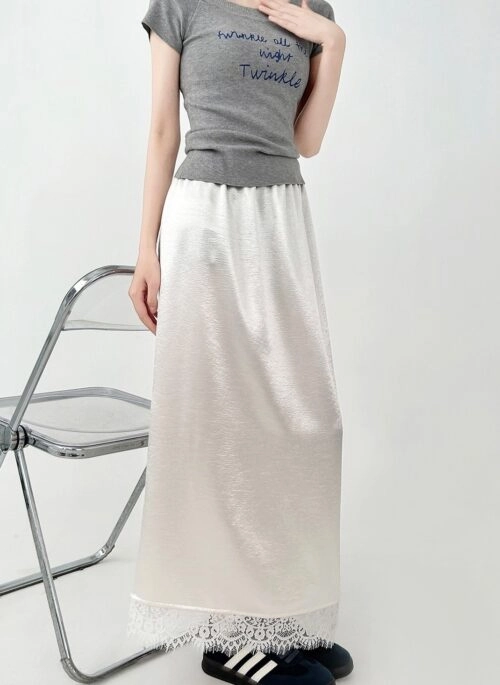Elegant Lace Satin High Waist Midi Skirt