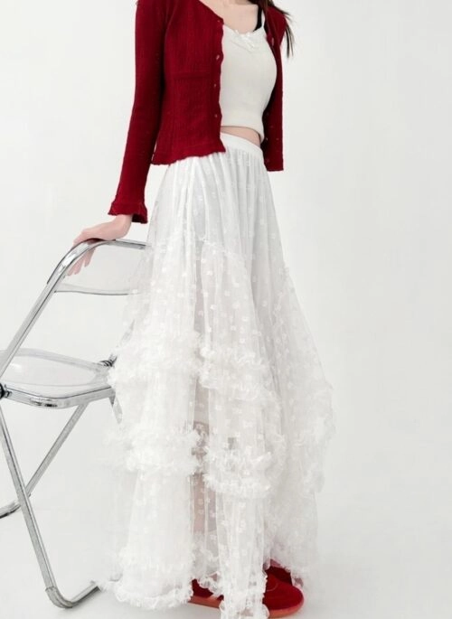 Elegant Lace Tiered A Line Maxi Skirt