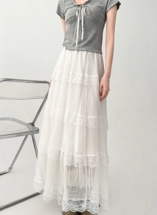 Elegant Lace Trim White Tiered Midi Skirt