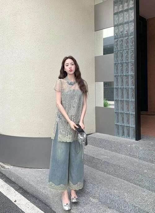 Elegant Lace Trimmed Denim Two Piece Set