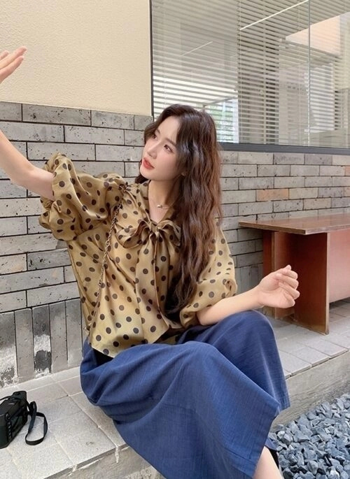 Elegant Polka Dot Puff Sleeve Top And Wide Leg Pants