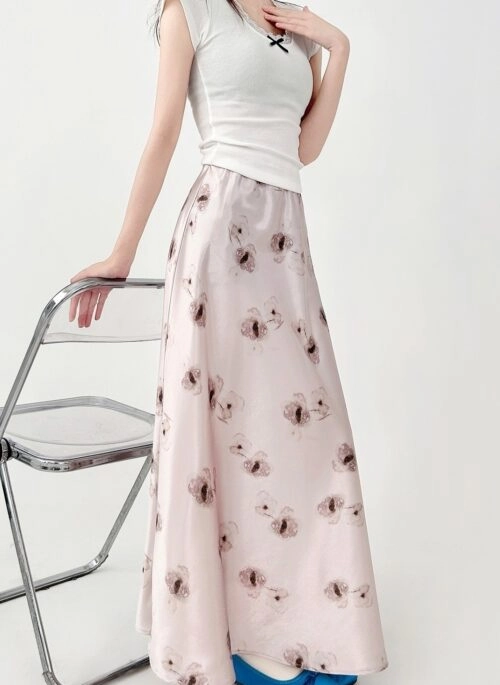 Elegant Satin Vintage Floral High Waist Maxi Skirt