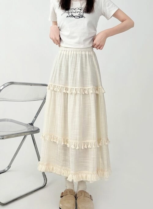 Elegant Tassel Patchwork Tiered Midi Skirt