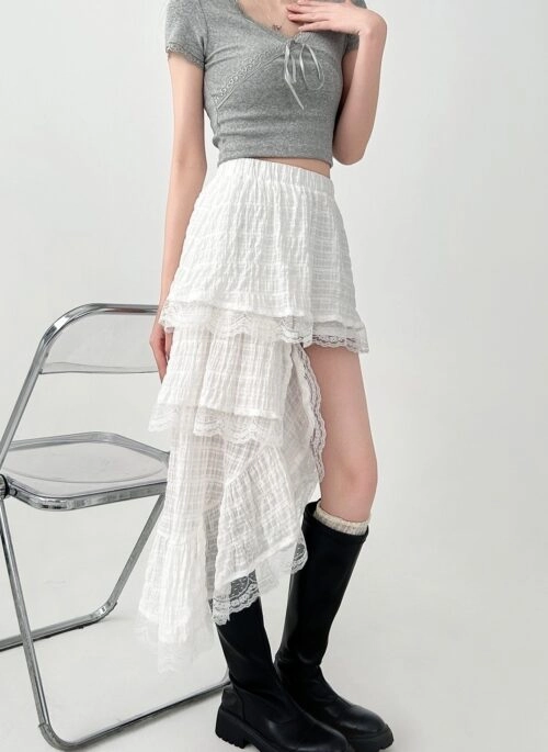 Elegant White Lace Layered Midi Skirt