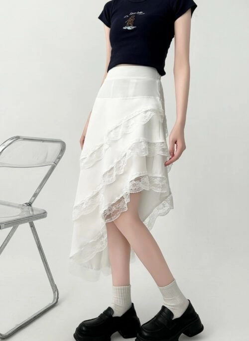 Elegant White Lace Ruffle Midi Skirt