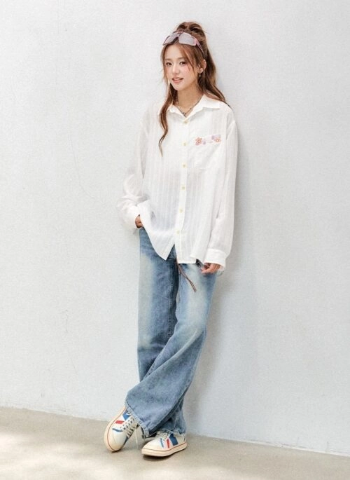 Floral Embroidered White Textured Long Sleeve Shirt
