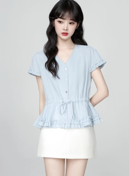 French Blue Ruffled V Neck Short Sleeve Blouse
