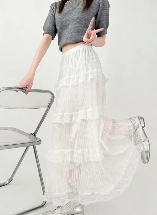 French Style Black Lace Midi A Line Skirt