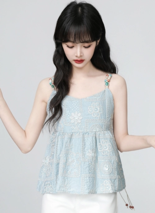 French Style Blue Embroidered Sleeveless Vest Top
