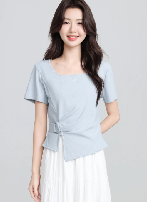 French Style Blue Ruched Split Hem Short Sleeve Top