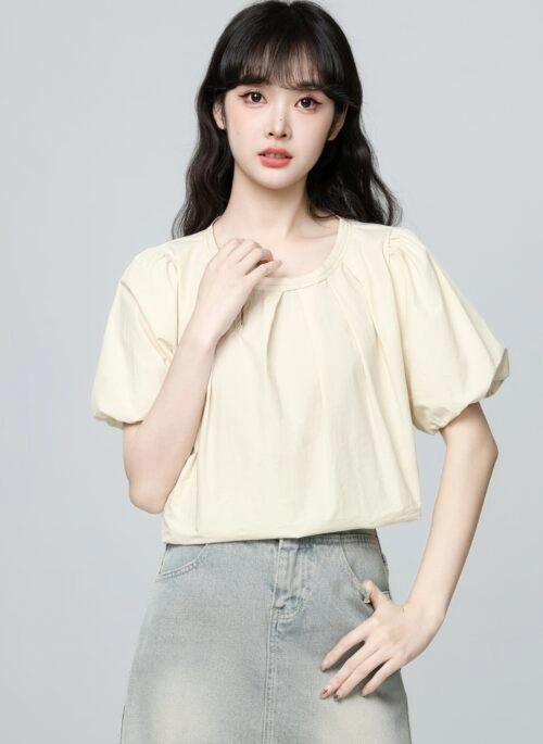 French Style Ruched Puff Sleeve Short Sleeve Blouse