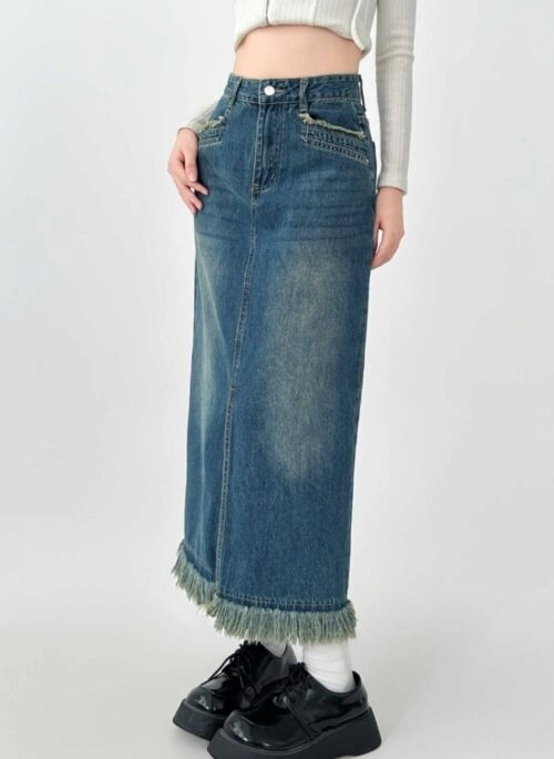 Fringed Denim Midi Skirt High Waist Slim Fit