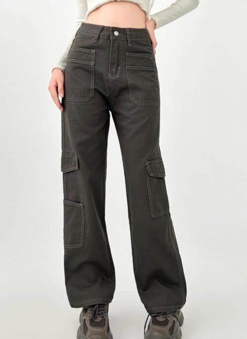 Gray High Waist Straight Leg Denim Cargo Pants