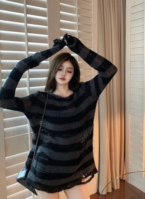 Grey And Black Stripes Hollow Knit Sweater | Jaehyuk – Treasure