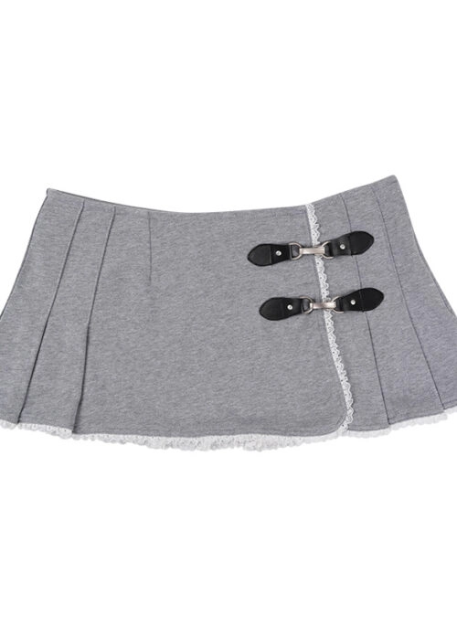 Grey Buckle Detail Pleated Mini Skirt | Joy - Red Velvet