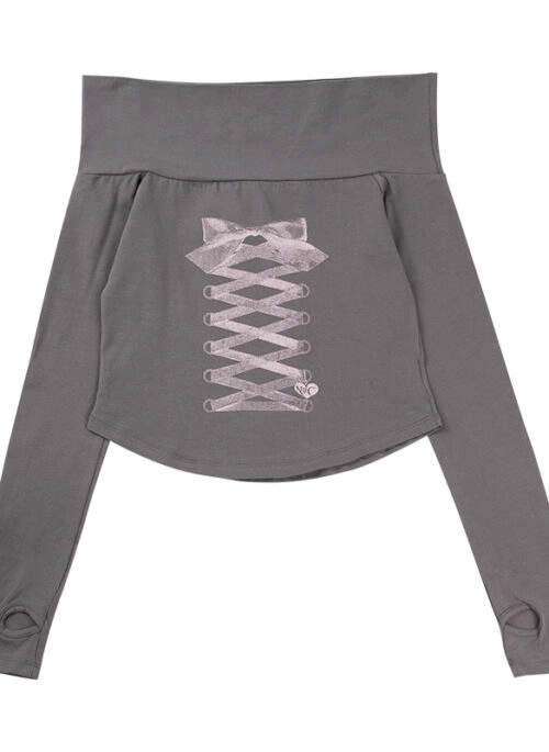 Grey Off-Shoulder Lace-Up Print Top | Yuqi – (G)I-DLE