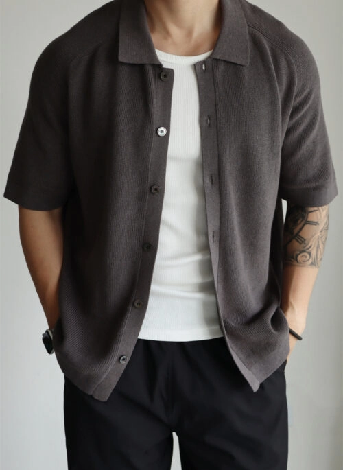 Grey Short Sleeve Button-Up Knit Shirt | Jungkook – BTS