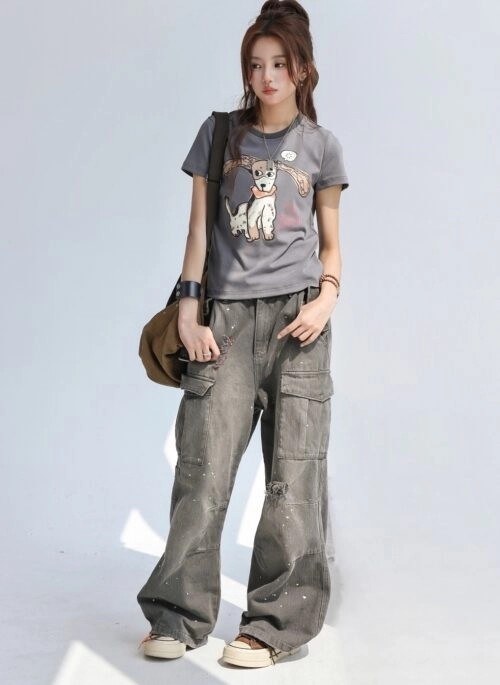Hand Painted Puppy Print Slim Fit Short Sleeve Tee