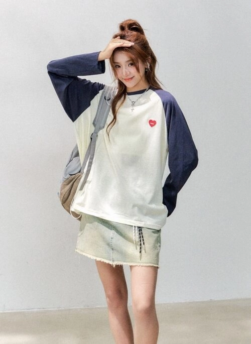 Heart Patch Raglan Sleeve Relaxed Fit T Shirt